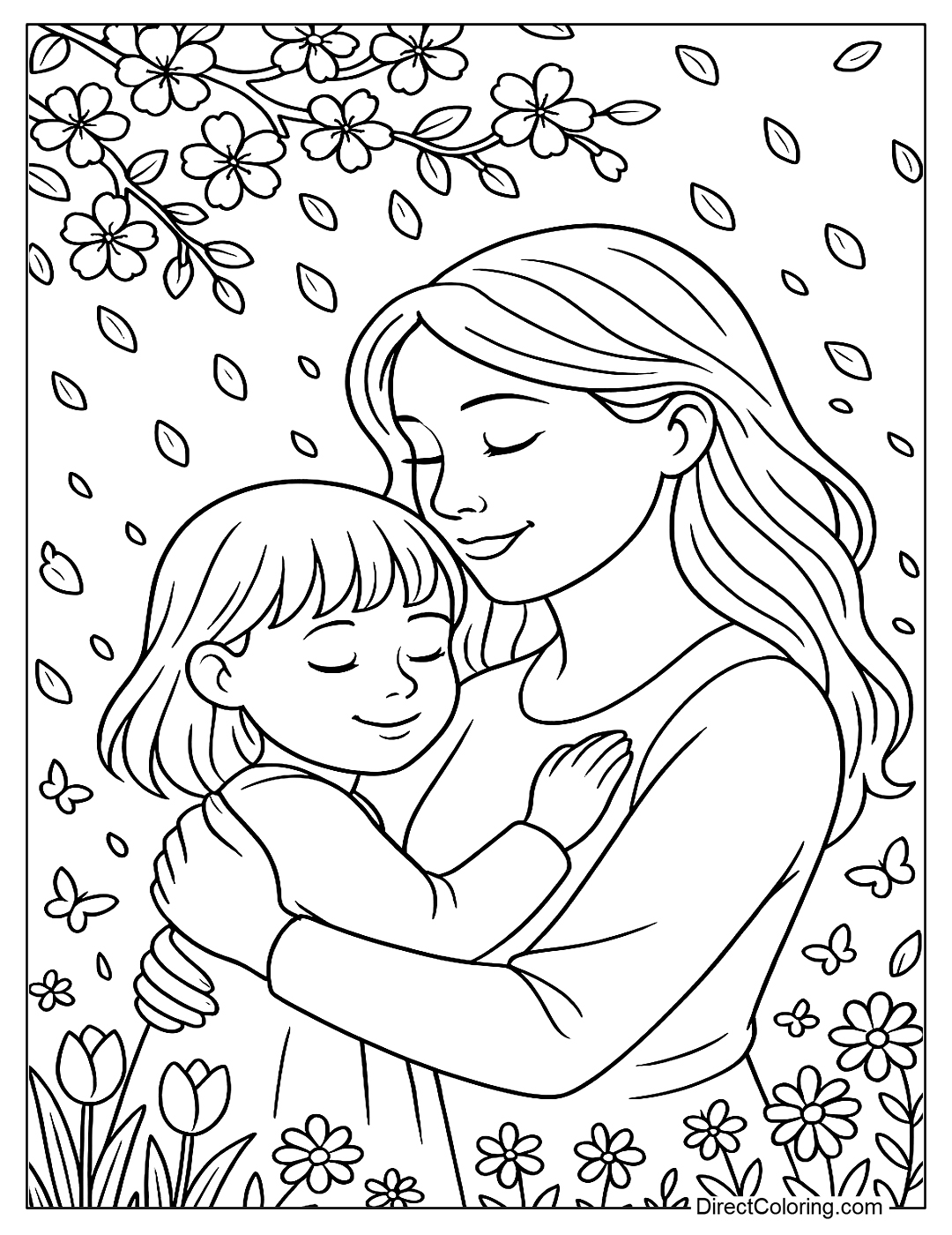 coloring page Mom hugs her little daughter under the romantic cherry blossom rain